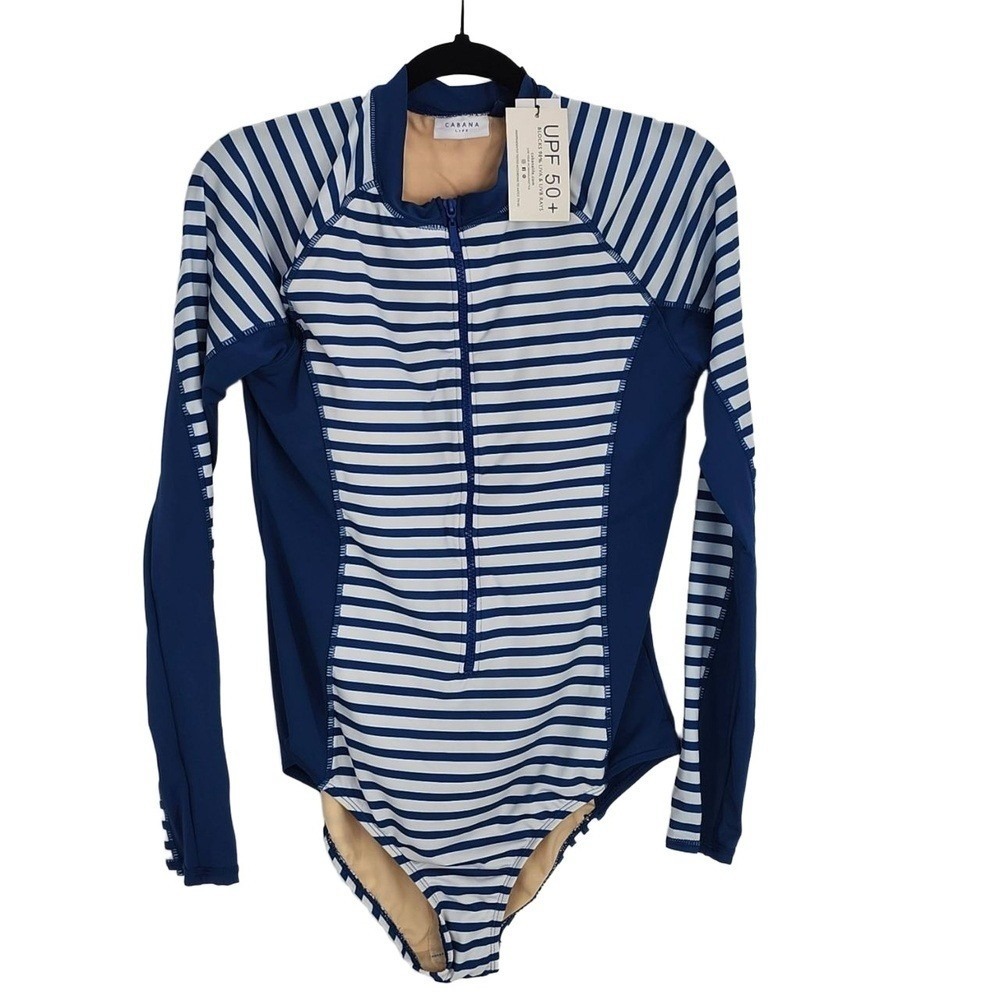 CABANA LIFE Women Blue White Stripe UPF 50+ Sun Protective 1-piece swim large